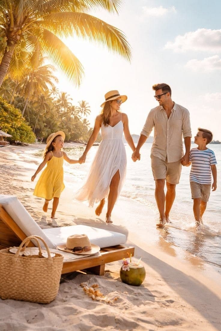 Parents and children walking along a sunny beach