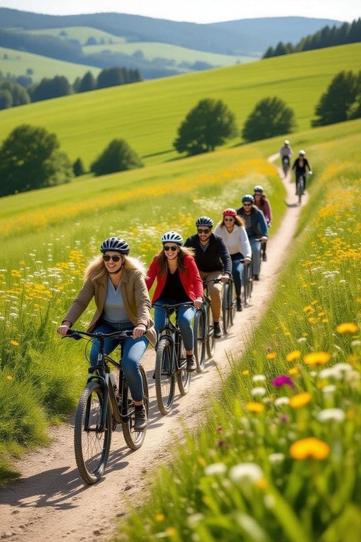 Friends cycling along a path through green meadows