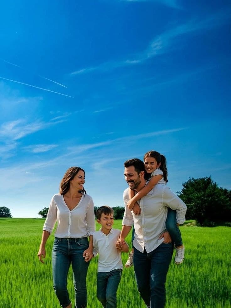 A family walking through a green field under a blue sky