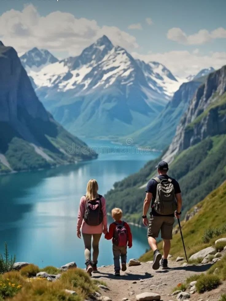 A family hiking beside a mountain lake