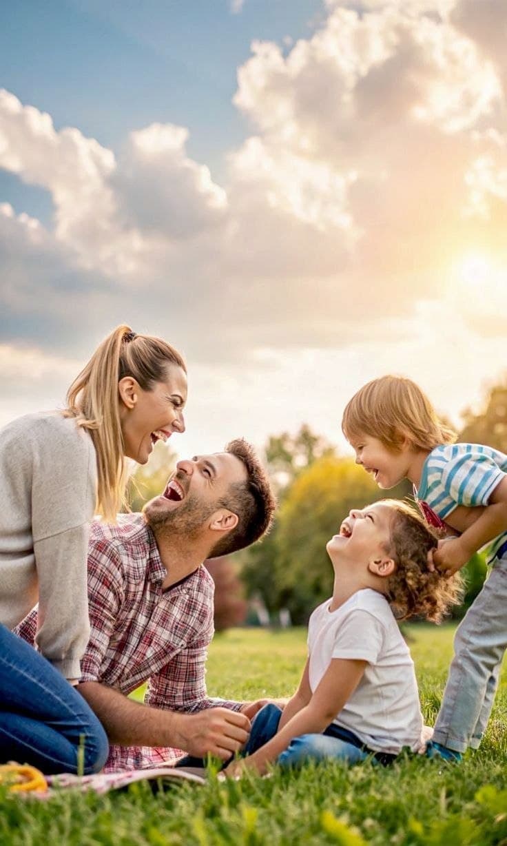 A family laughing together on the grass