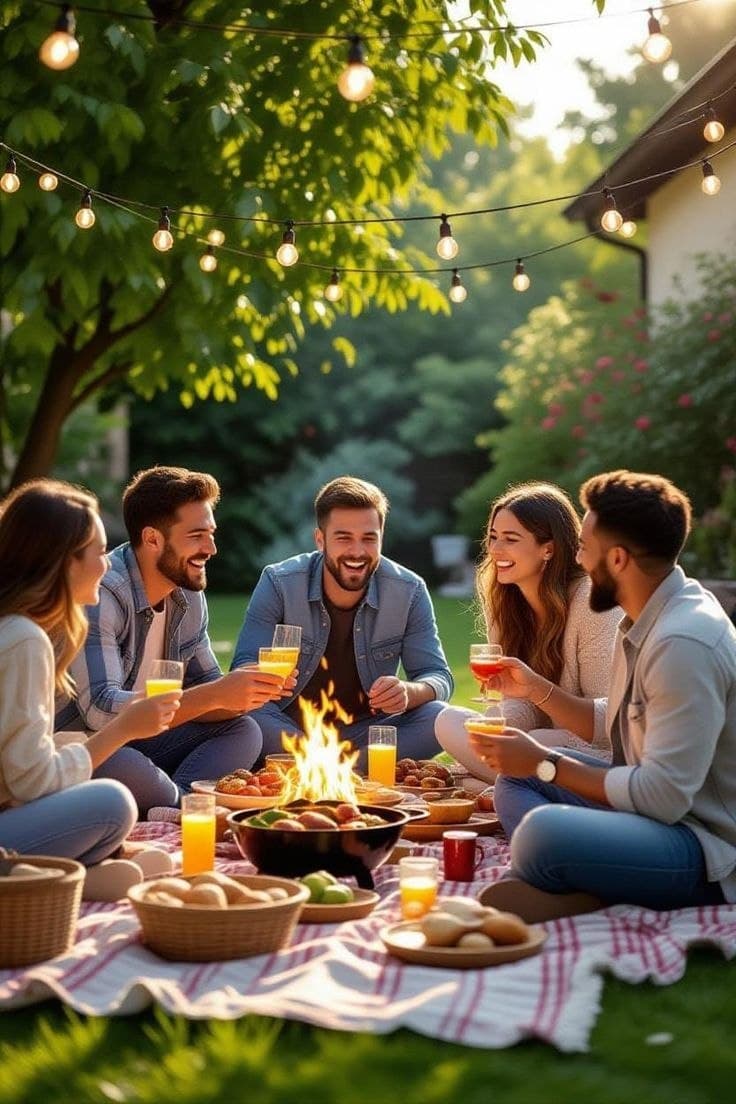 Friends sharing a picnic around a fire