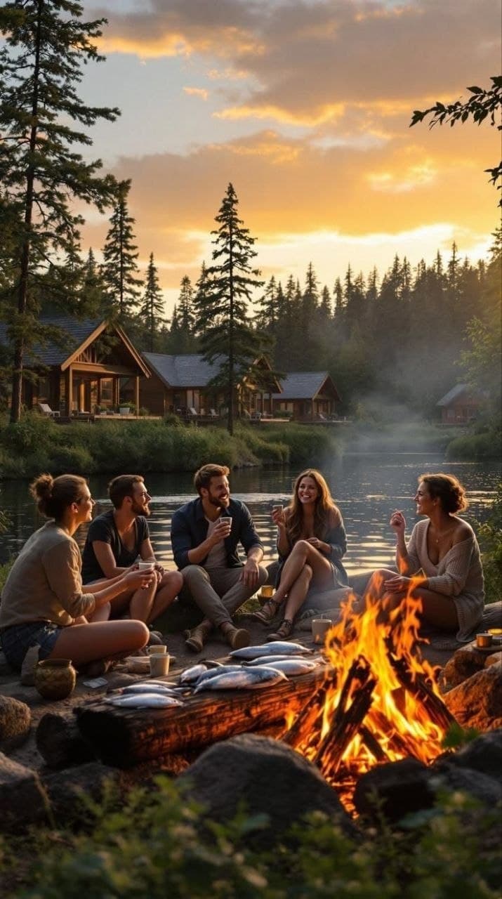 Friends gathered around a campfire by a lake