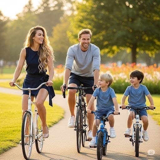 A family cycling together in a park